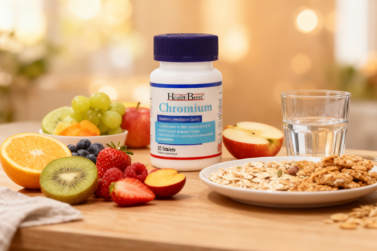 قرص کرومیوم هلث برست کنار وعده غذایی سالم برای کنترل قند خون